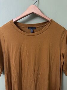 Eileen Fisher Tencel Tunic Sz SP Top Mustard Tan Short Sleeve Side Slit Stretch